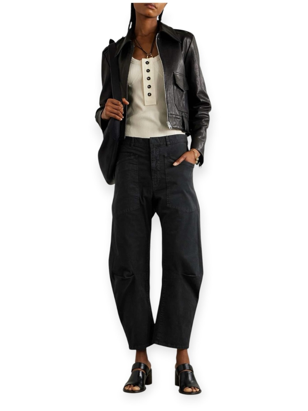 NILI LOTAN Shon cotton-blend twill barrel-leg pants in carbon black
